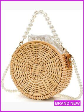 Round Woven Rattan Bag Boho Crossbody Handbag Pearl Strap Handle Beach Straw